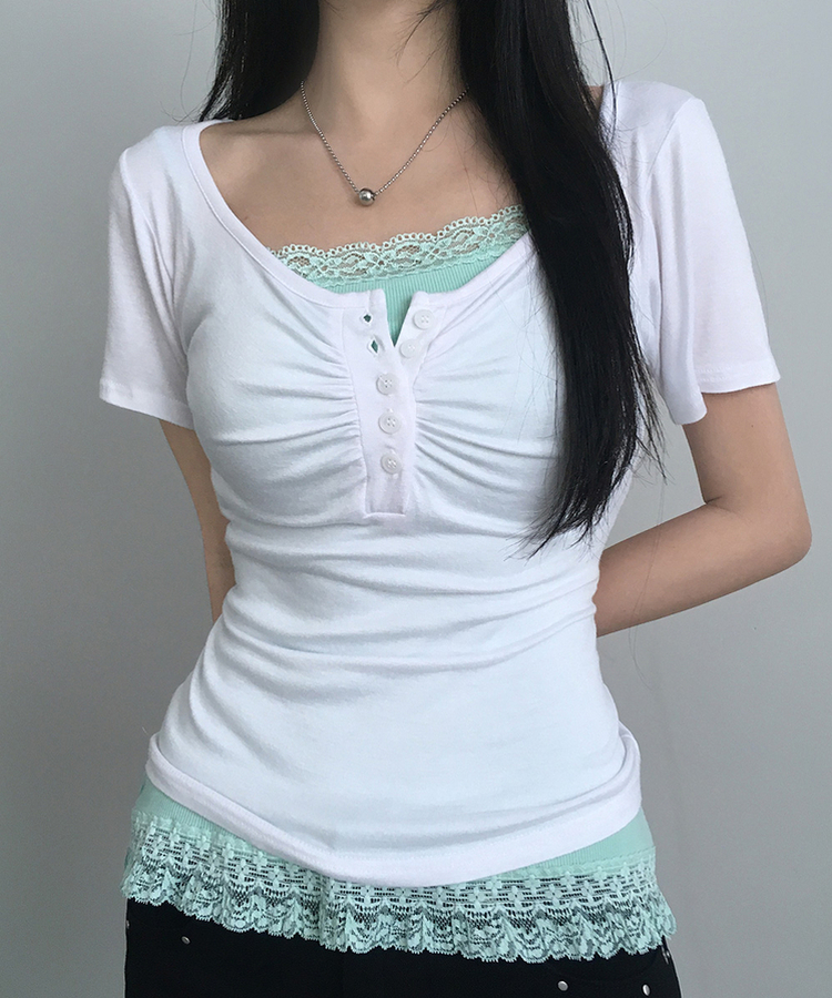 シャーリングボタンVネック半袖Tシャツ WHITE