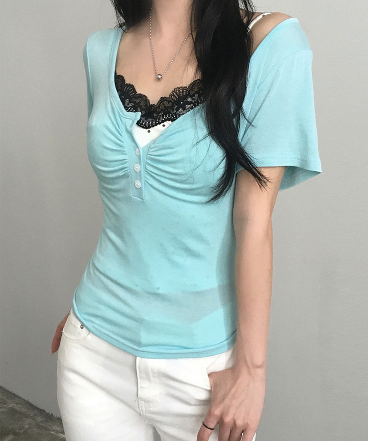 シャーリングボタンVネック半袖Tシャツ MINT
