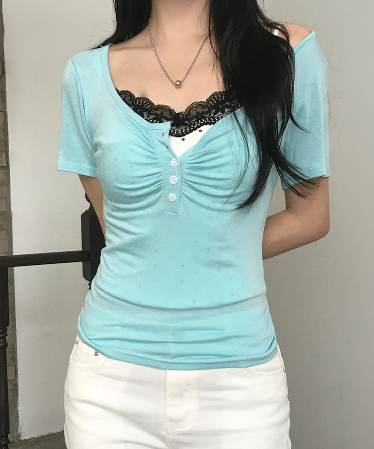 シャーリングボタンVネック半袖Tシャツ MINT