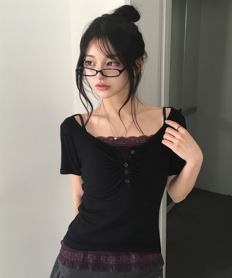 シャーリングボタンVネック半袖Tシャツ BLACK