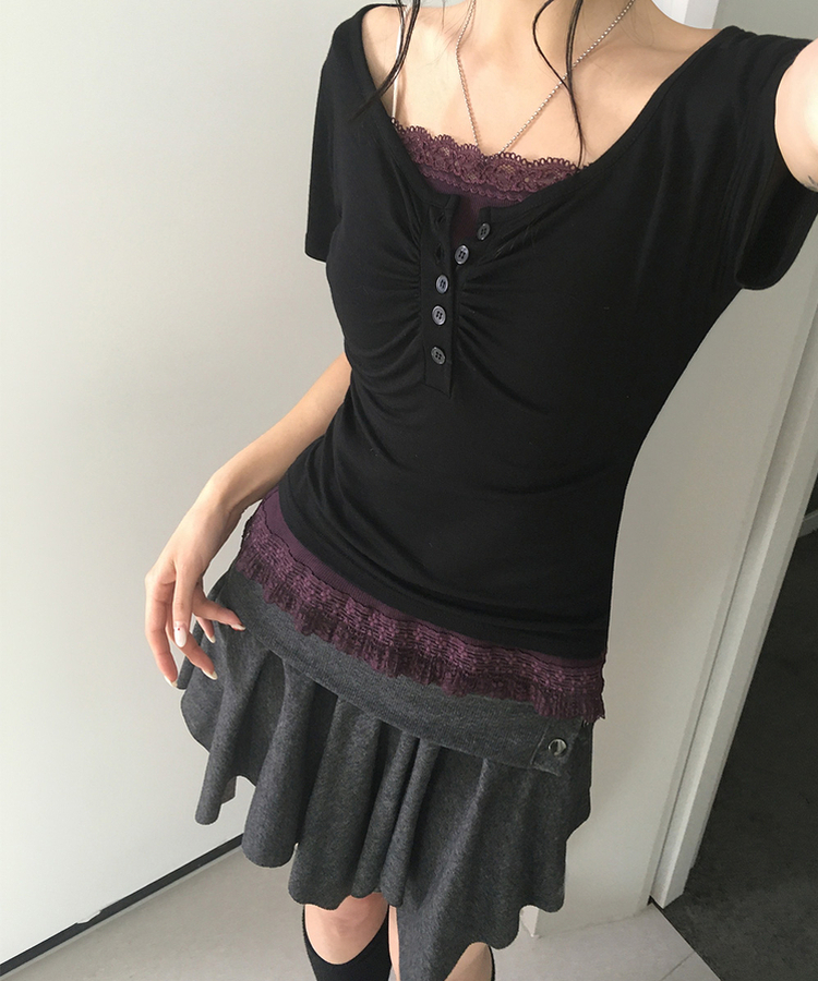 シャーリングボタンVネック半袖Tシャツ BLACK