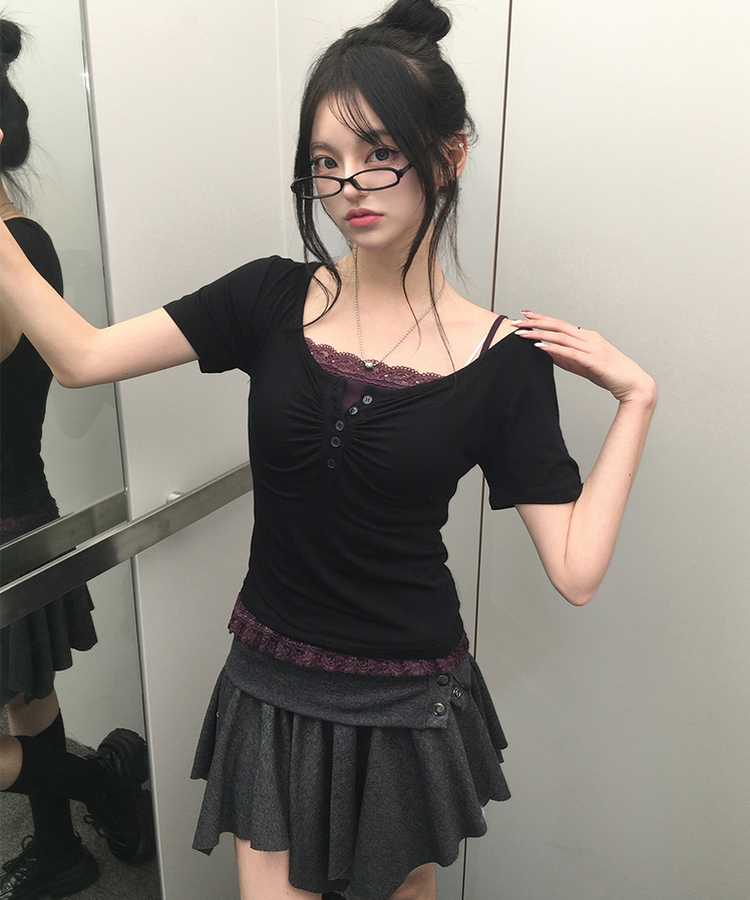 シャーリングボタンVネック半袖Tシャツ BLACK