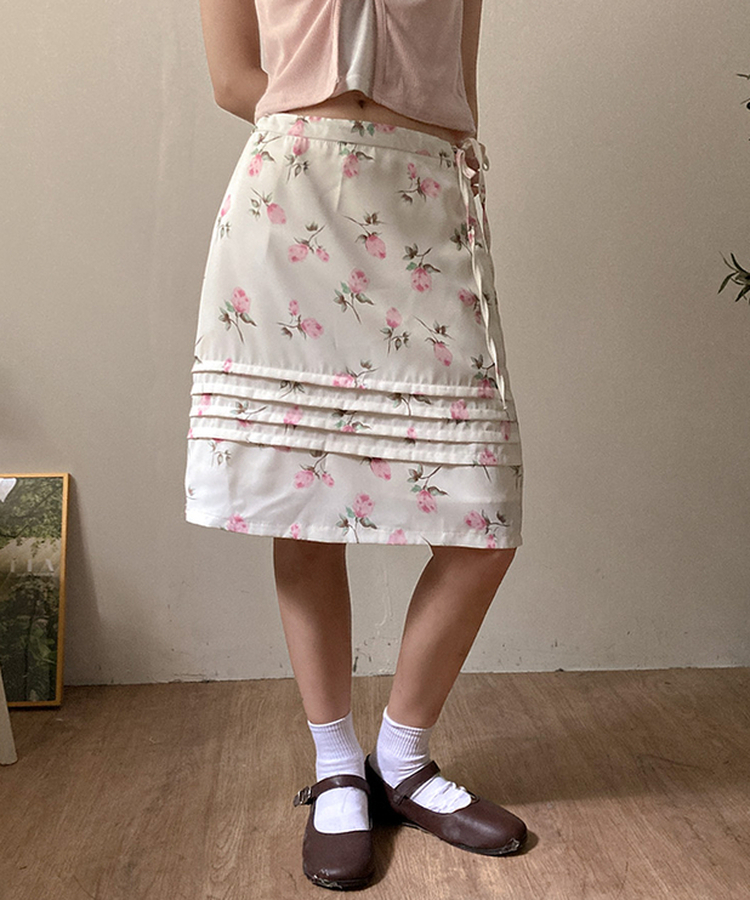 フラワーストリングサテンミディスカート IVORY