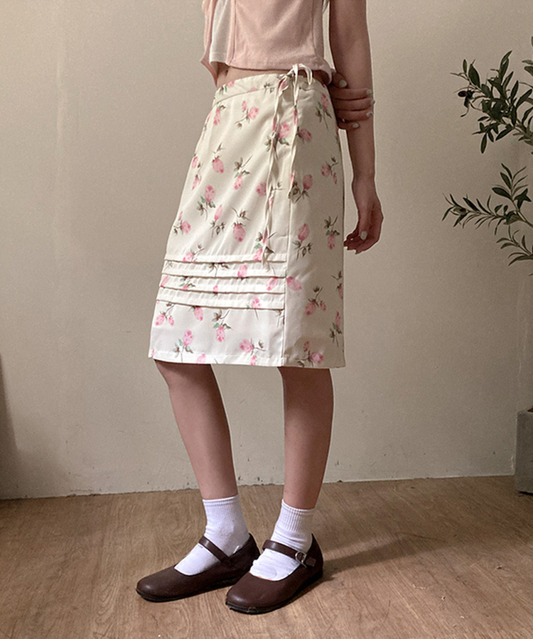 フラワーストリングサテンミディスカート IVORY