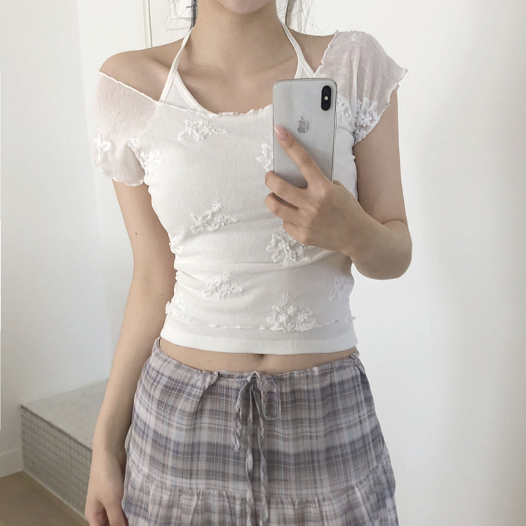 【SET】フラワーレーストップス ホルターネックキャミ IVORY
