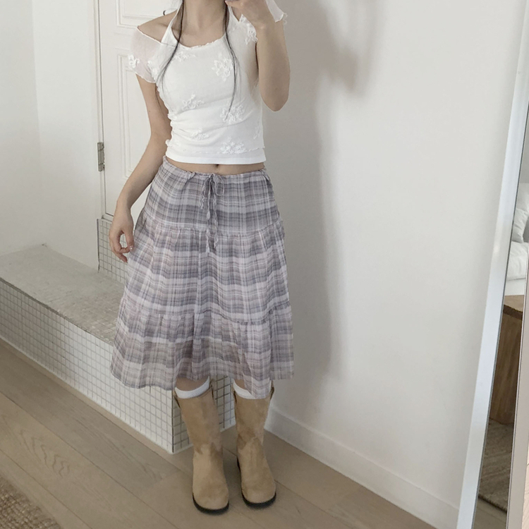 チェックシフォンフレアミディスカート BEIGE