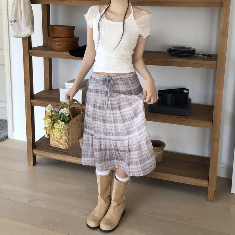 チェックシフォンフレアミディスカート BEIGE