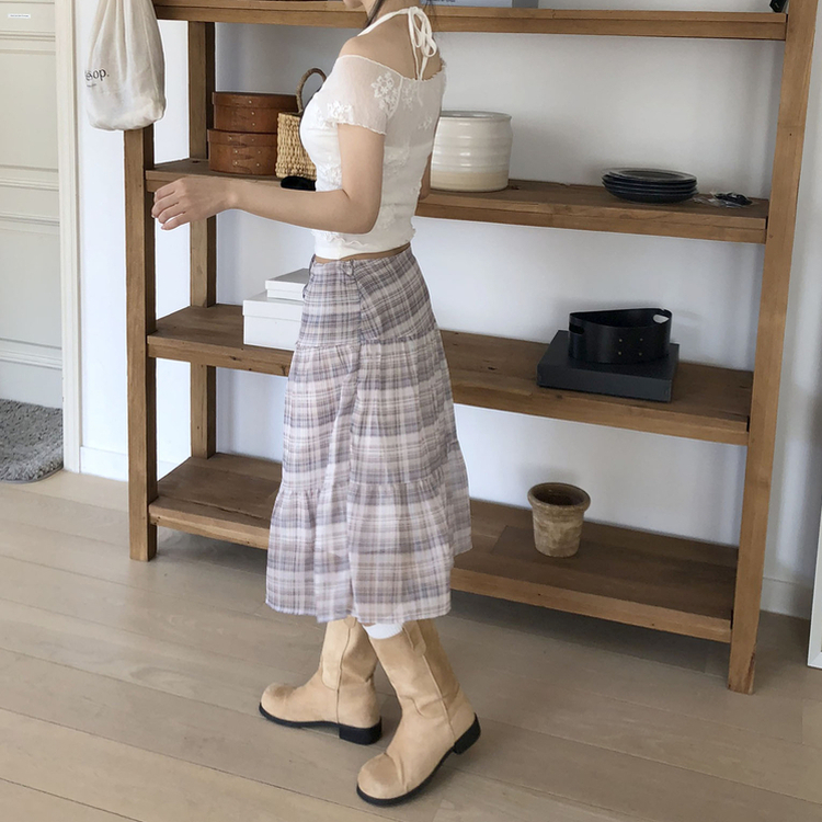 チェックシフォンフレアミディスカート BEIGE