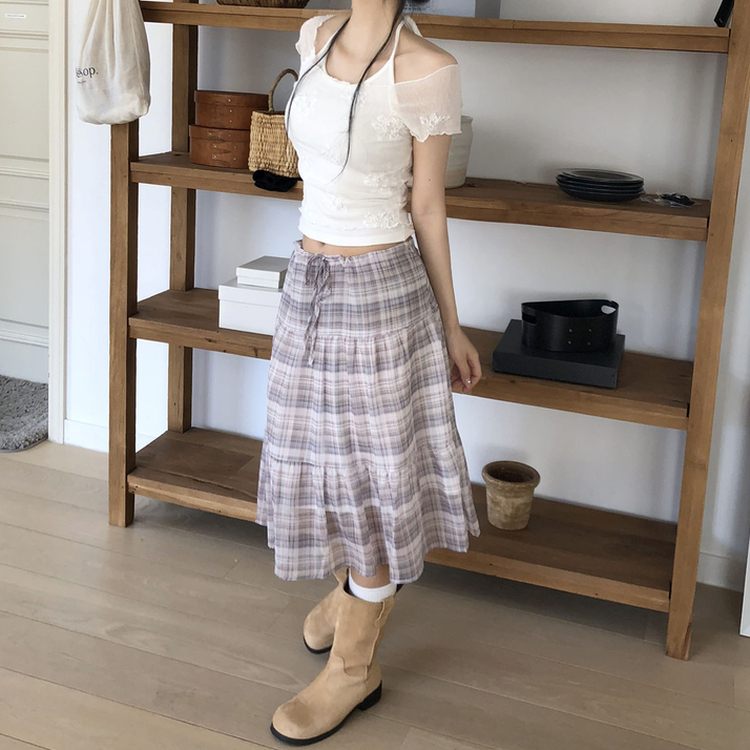 チェックシフォンフレアミディスカート BEIGE
