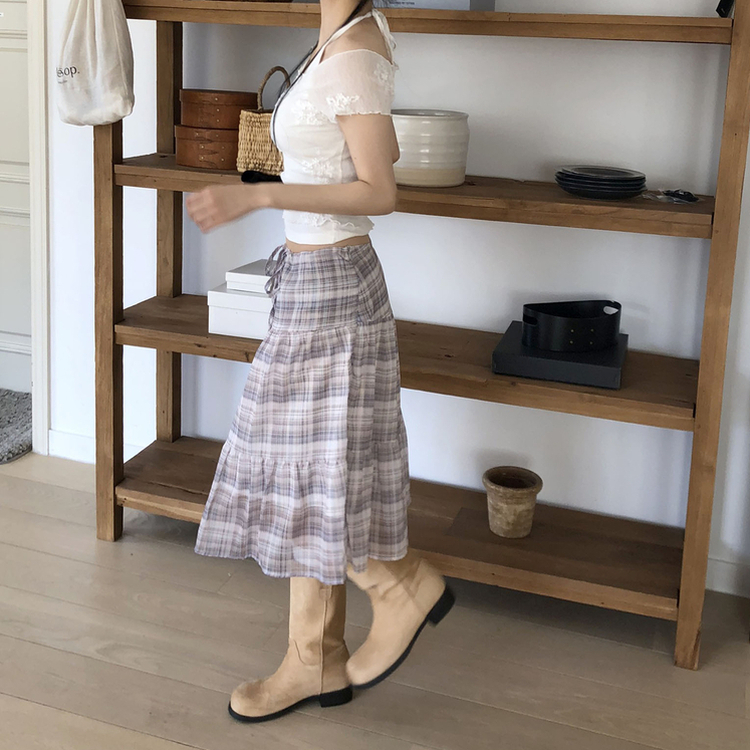 チェックシフォンフレアミディスカート BEIGE