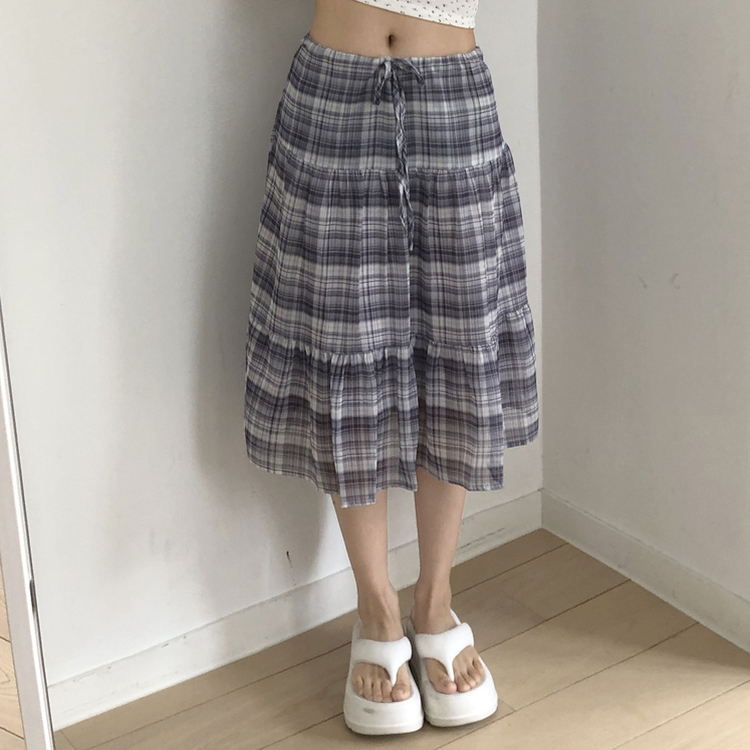 チェックシフォンフレアミディスカート GREY