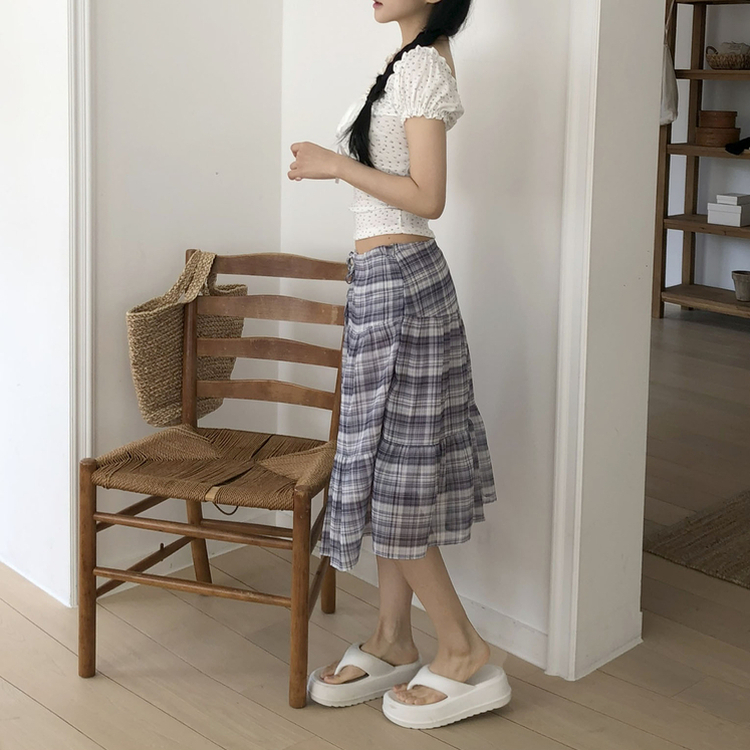 チェックシフォンフレアミディスカート GREY