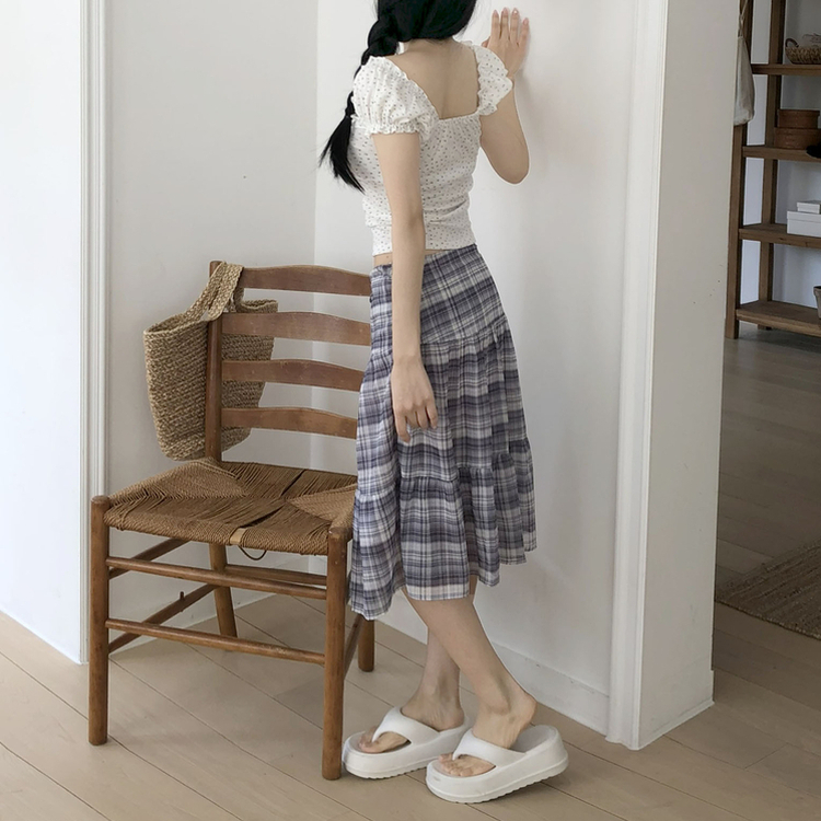 チェックシフォンフレアミディスカート GREY
