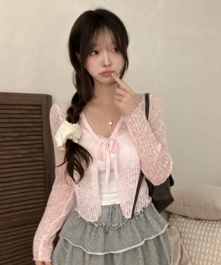 솜사탕 리본끈 시스루 펀칭 크롭 가디건 핑크