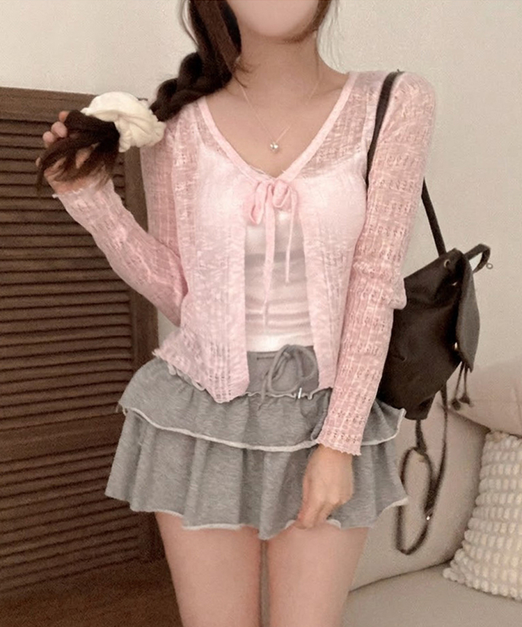 솜사탕 리본끈 시스루 펀칭 크롭 가디건 핑크