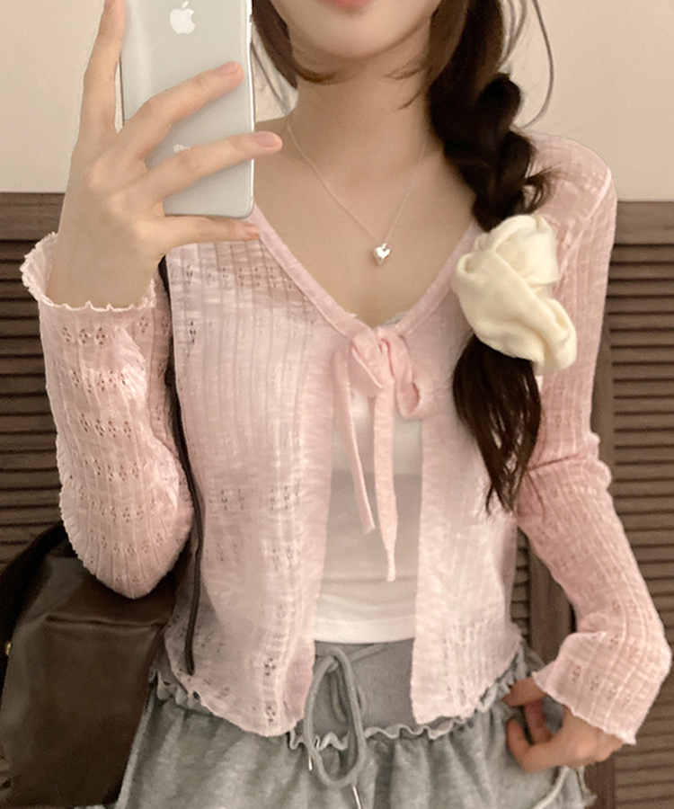 솜사탕 리본끈 시스루 펀칭 크롭 가디건 핑크