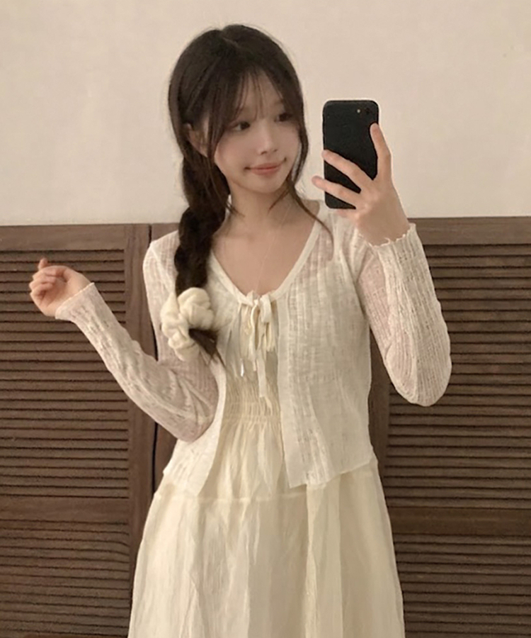 솜사탕 리본끈 시스루 펀칭 크롭 가디건 화이트