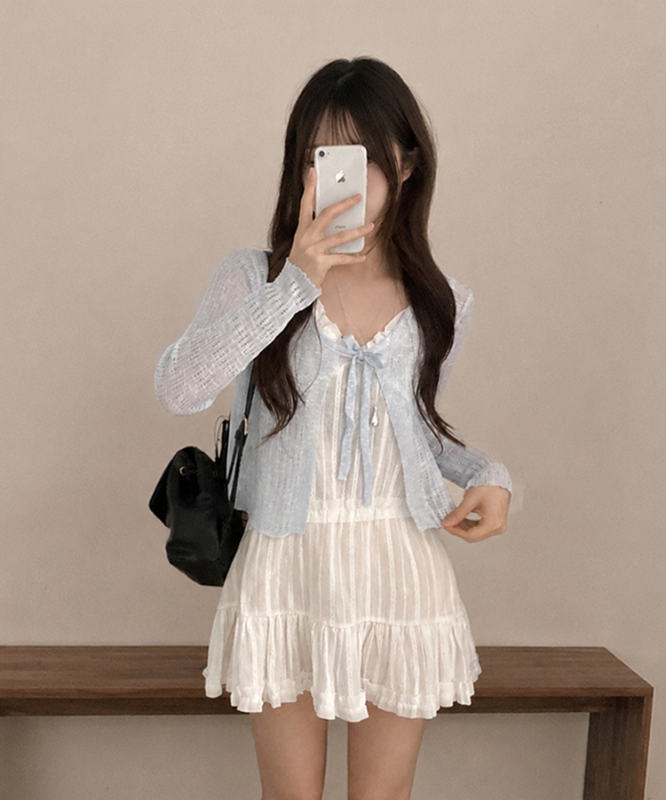 솜사탕 리본끈 시스루 펀칭 크롭 가디건 소라