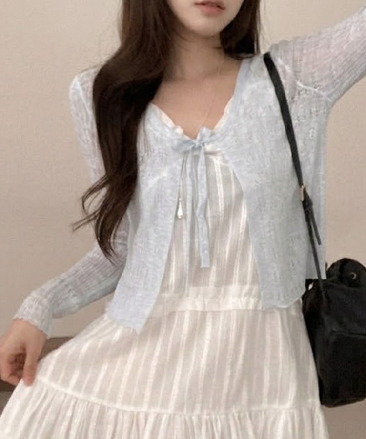 솜사탕 리본끈 시스루 펀칭 크롭 가디건 소라