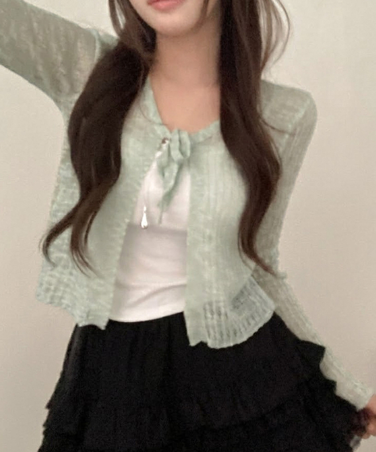 솜사탕 리본끈 시스루 펀칭 크롭 가디건 민트