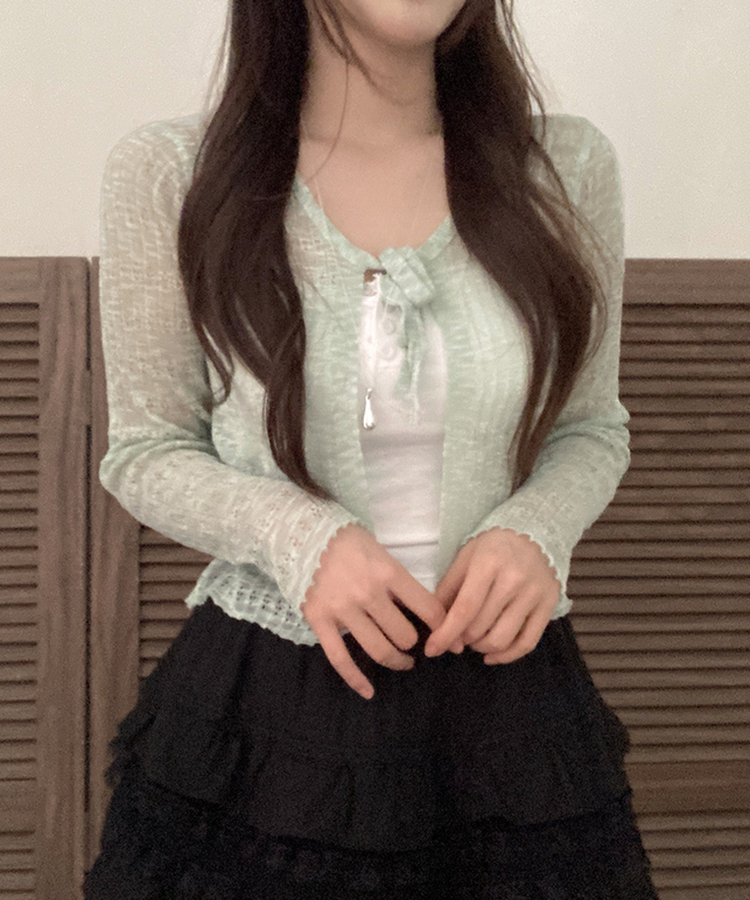 솜사탕 리본끈 시스루 펀칭 크롭 가디건 민트