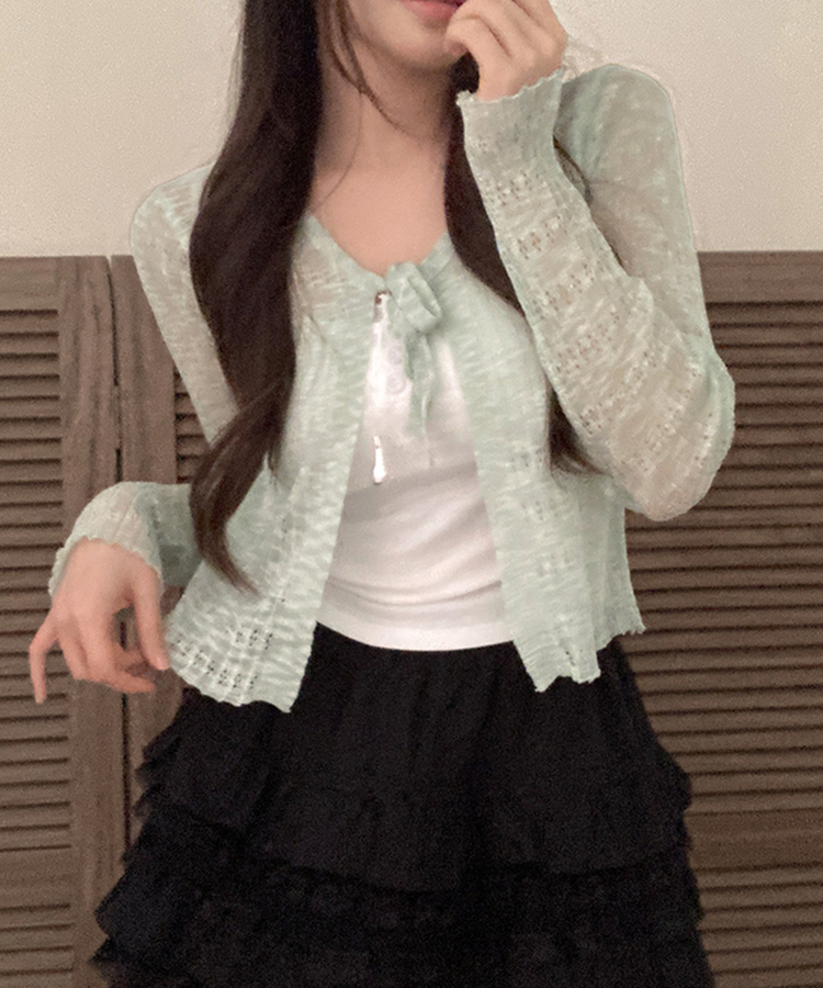 솜사탕 리본끈 시스루 펀칭 크롭 가디건 민트