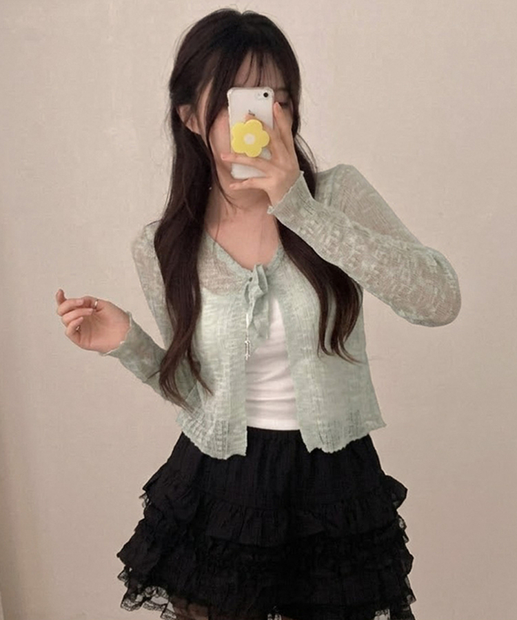 솜사탕 리본끈 시스루 펀칭 크롭 가디건 민트
