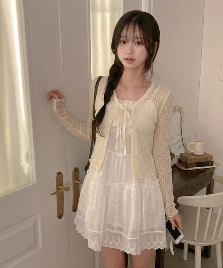 솜사탕 리본끈 시스루 펀칭 크롭 가디건 베이지