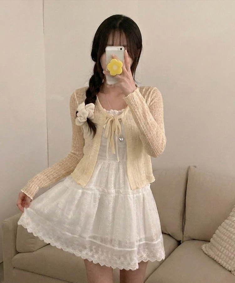 솜사탕 리본끈 시스루 펀칭 크롭 가디건 베이지