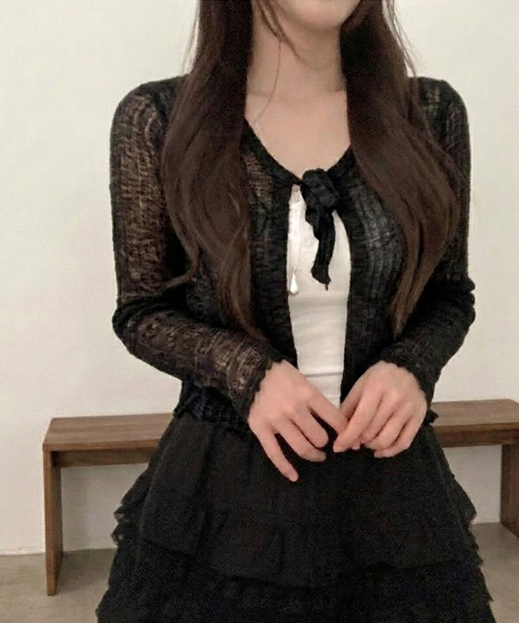 솜사탕 리본끈 시스루 펀칭 크롭 가디건 블랙