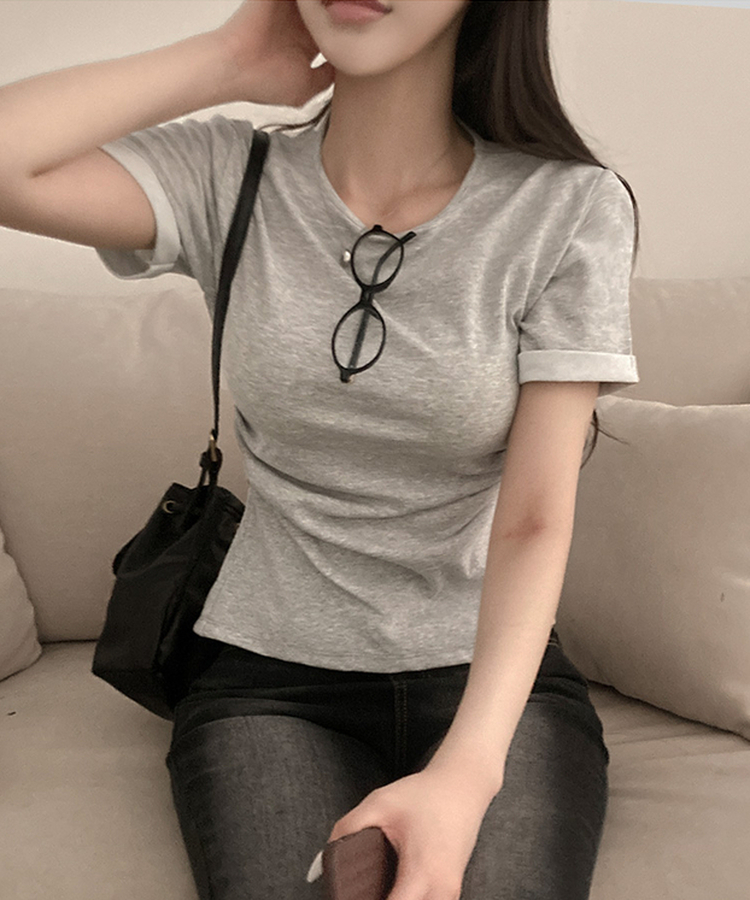 ドレープスリムロールアップ半袖Tシャツ GREY