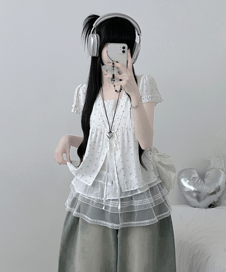 小花柄リボンフリルレイヤード半袖ブラウス WHITE