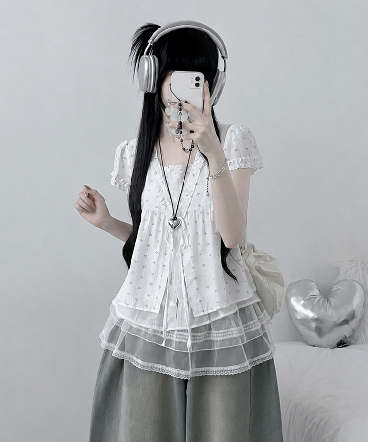 小花柄リボンフリルレイヤード半袖ブラウス WHITE