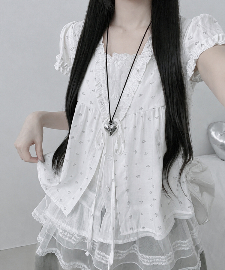 小花柄リボンフリルレイヤード半袖ブラウス WHITE