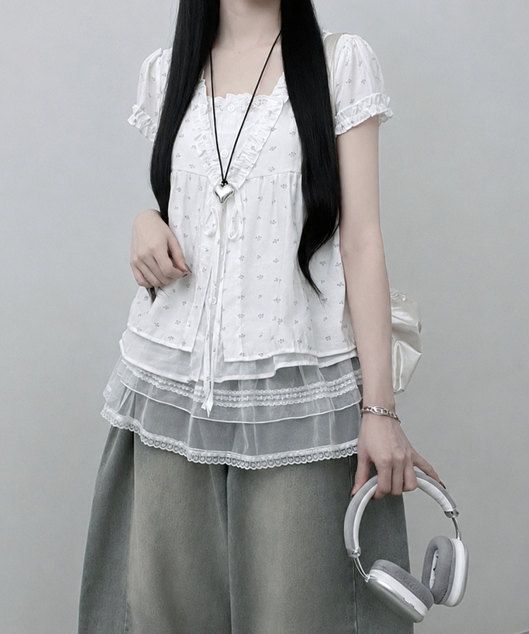 小花柄リボンフリルレイヤード半袖ブラウス WHITE