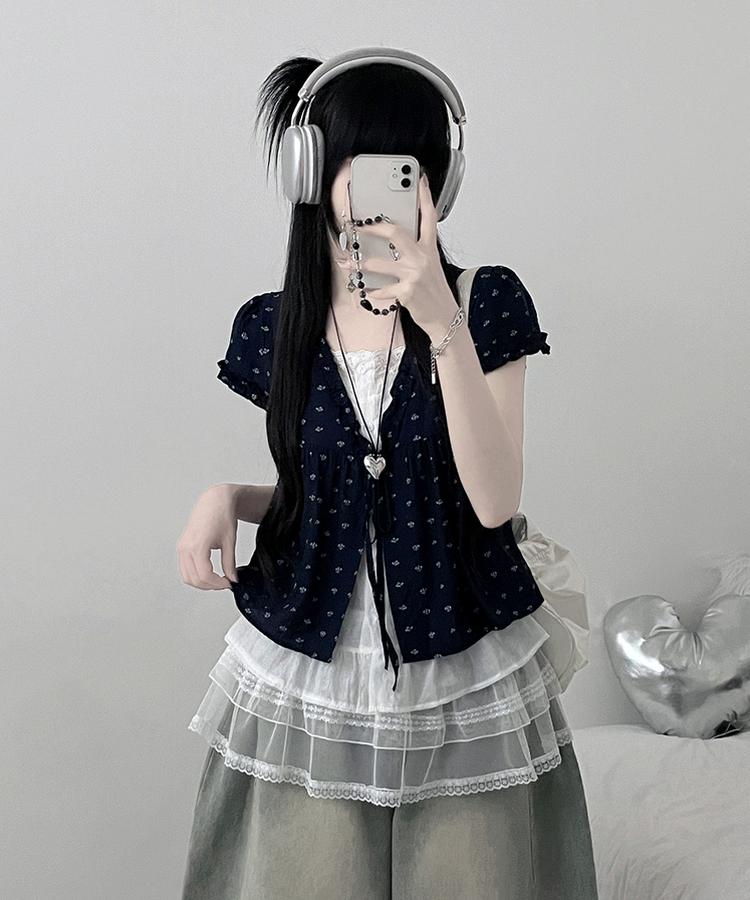 小花柄リボンフリルレイヤード半袖ブラウス NAVY