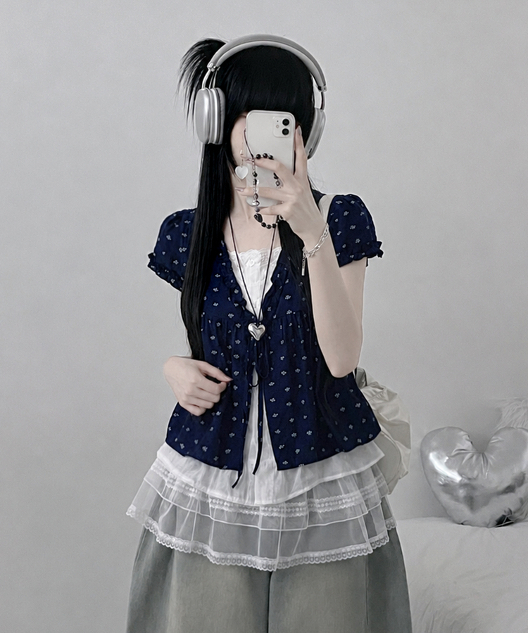 小花柄リボンフリルレイヤード半袖ブラウス NAVY