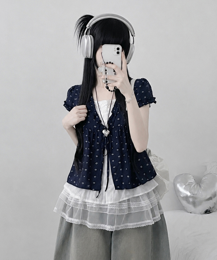 小花柄リボンフリルレイヤード半袖ブラウス NAVY