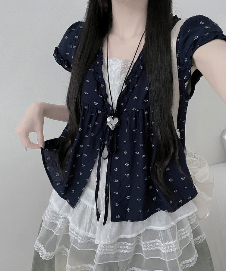 小花柄リボンフリルレイヤード半袖ブラウス NAVY