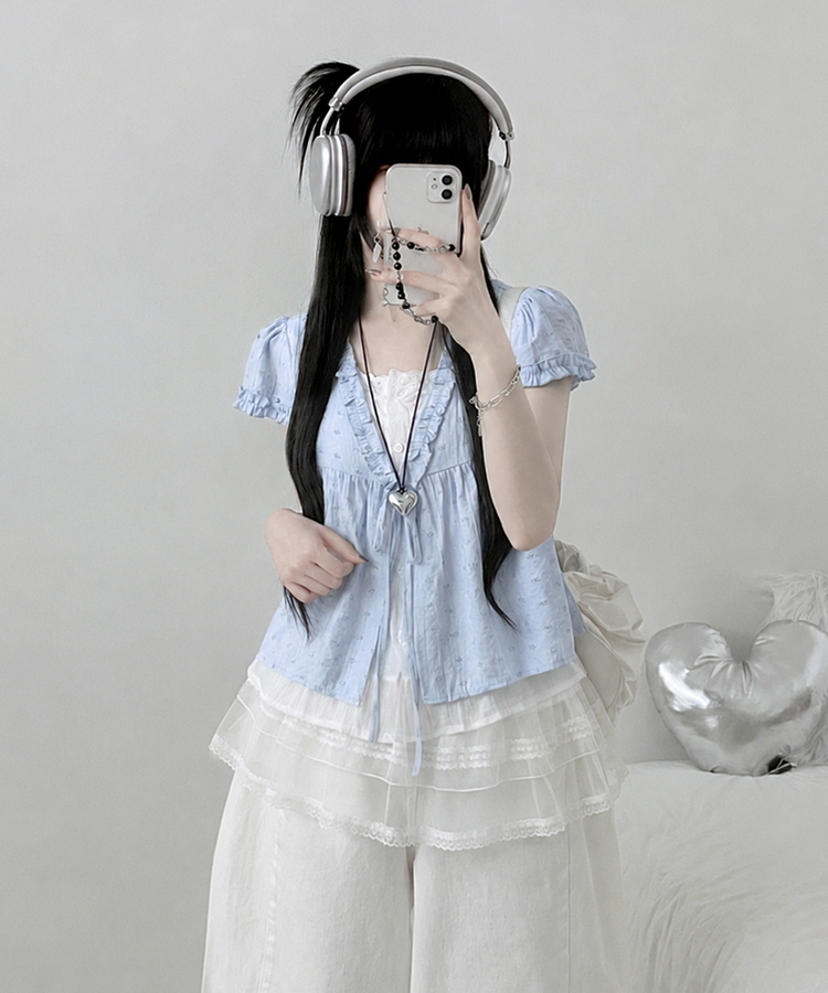 小花柄リボンフリルレイヤード半袖ブラウス SKY BLUE