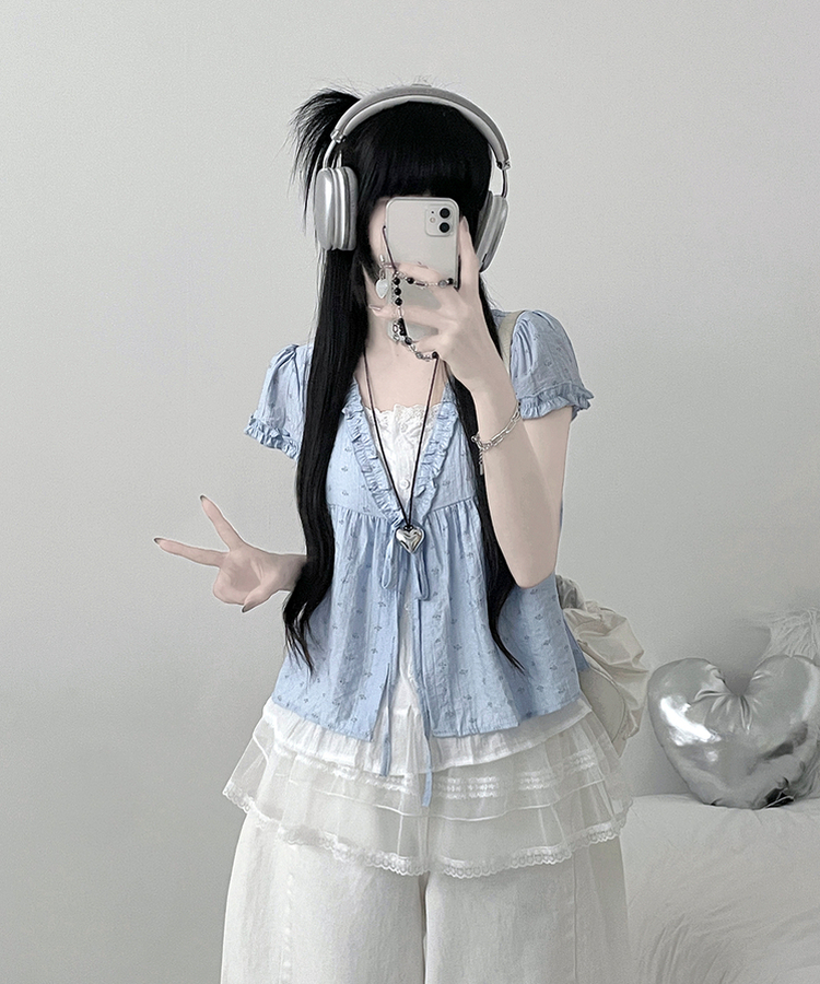 小花柄リボンフリルレイヤード半袖ブラウス SKY BLUE