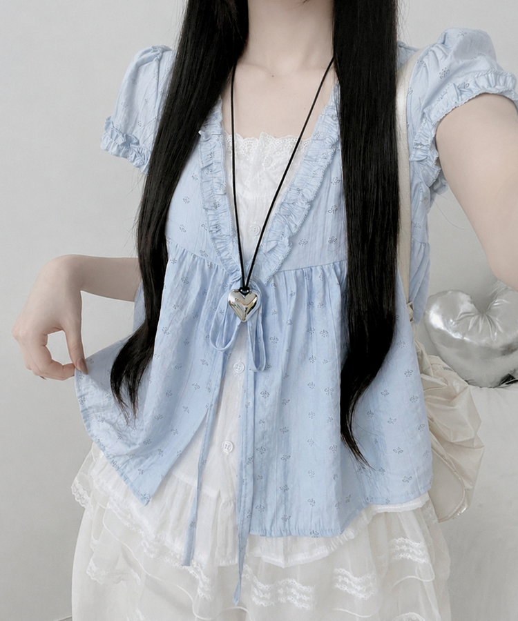 小花柄リボンフリルレイヤード半袖ブラウス SKY BLUE