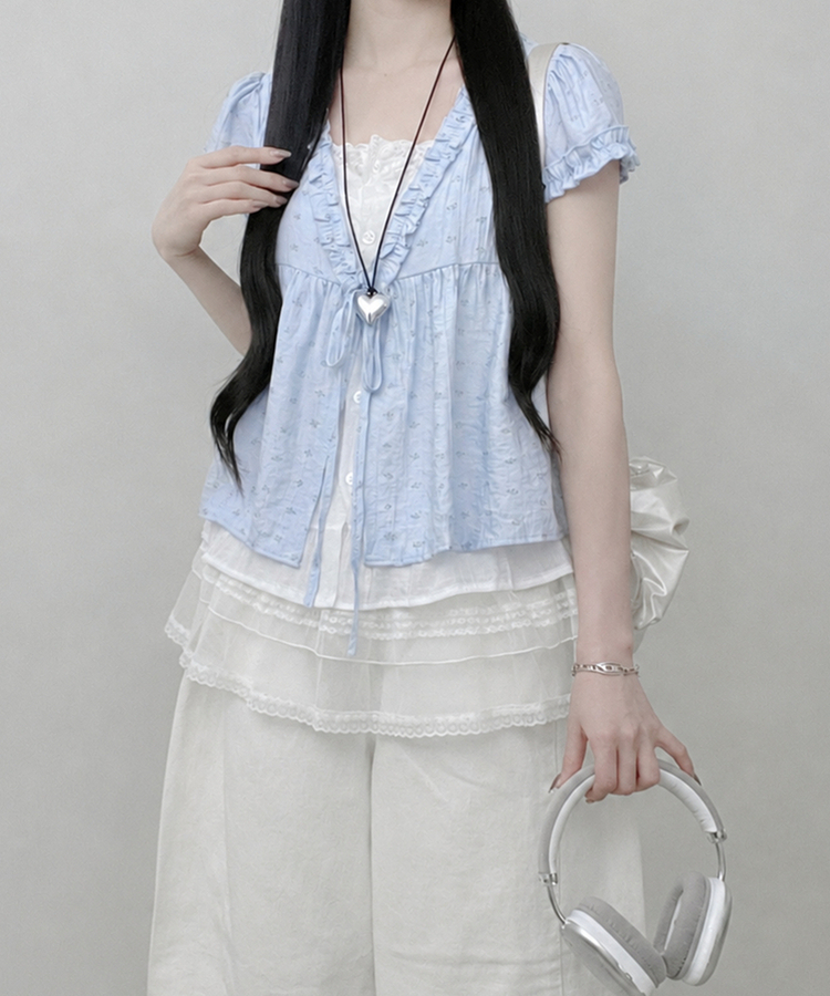 小花柄リボンフリルレイヤード半袖ブラウス SKY BLUE