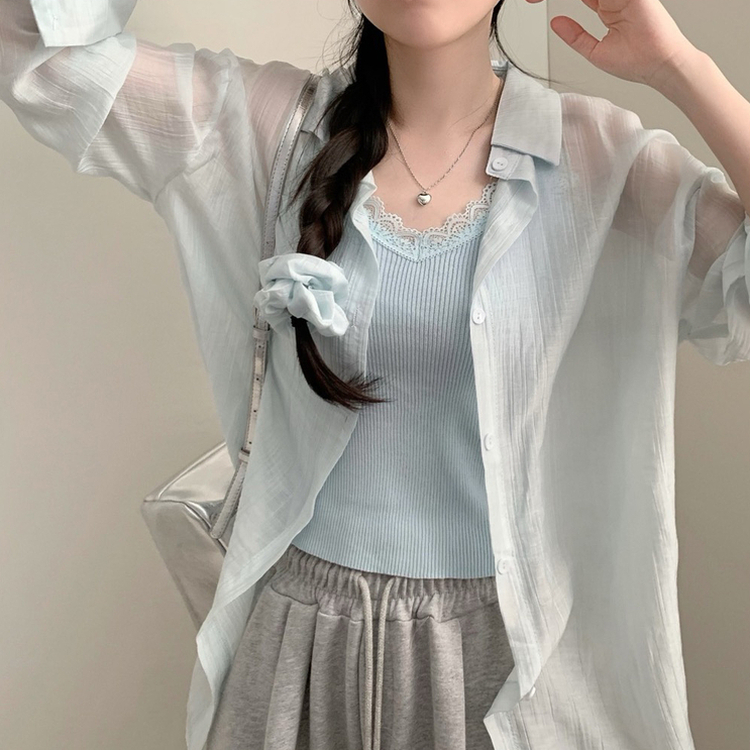3pcs 클링 레이스 나시 시스루 긴팔 셔츠 세트 쓰리피스 헤어슈슈 곱창 스크런치 세트 여름 상의 여름옷 여름 셔츠 살안타 소라