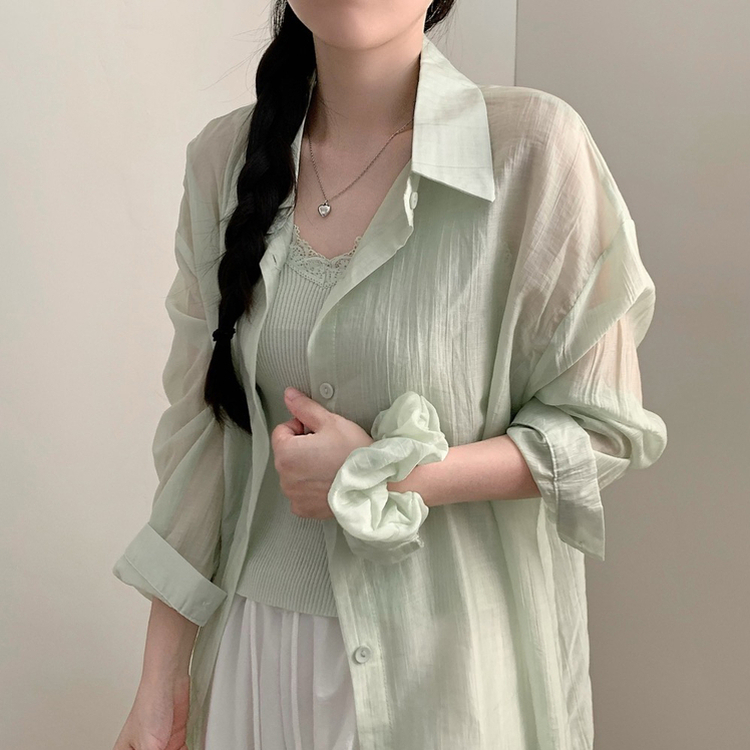 3pcs 클링 레이스 나시 시스루 긴팔 셔츠 세트 쓰리피스 헤어슈슈 곱창 스크런치 세트 여름 상의 여름옷 여름 셔츠 살안타 연두
