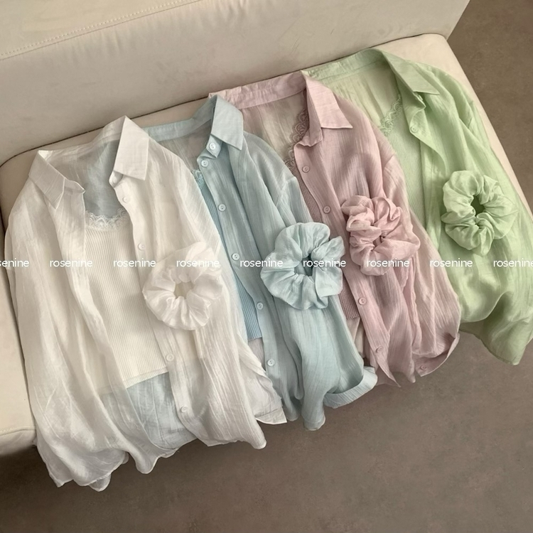 3pcs 클링 레이스 나시 시스루 긴팔 셔츠 세트 쓰리피스 헤어슈슈 곱창 스크런치 세트 여름 상의 여름옷 여름 셔츠 살안타