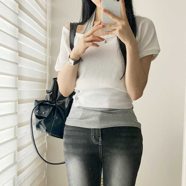 スリムホルターネックオフショル半袖Tシャツ WHITE
