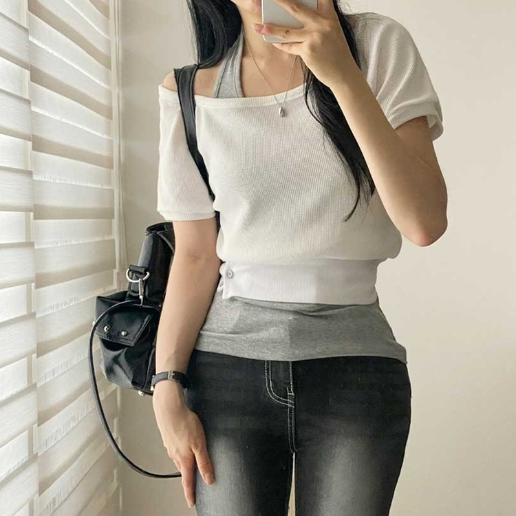 スリムホルターネックオフショル半袖Tシャツ WHITE