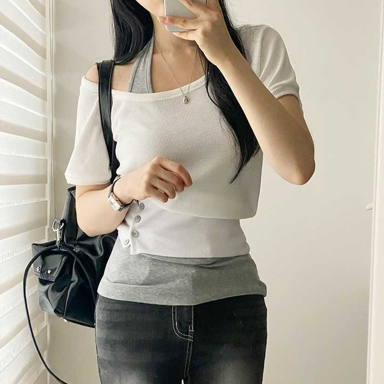 スリムホルターネックオフショル半袖Tシャツ WHITE