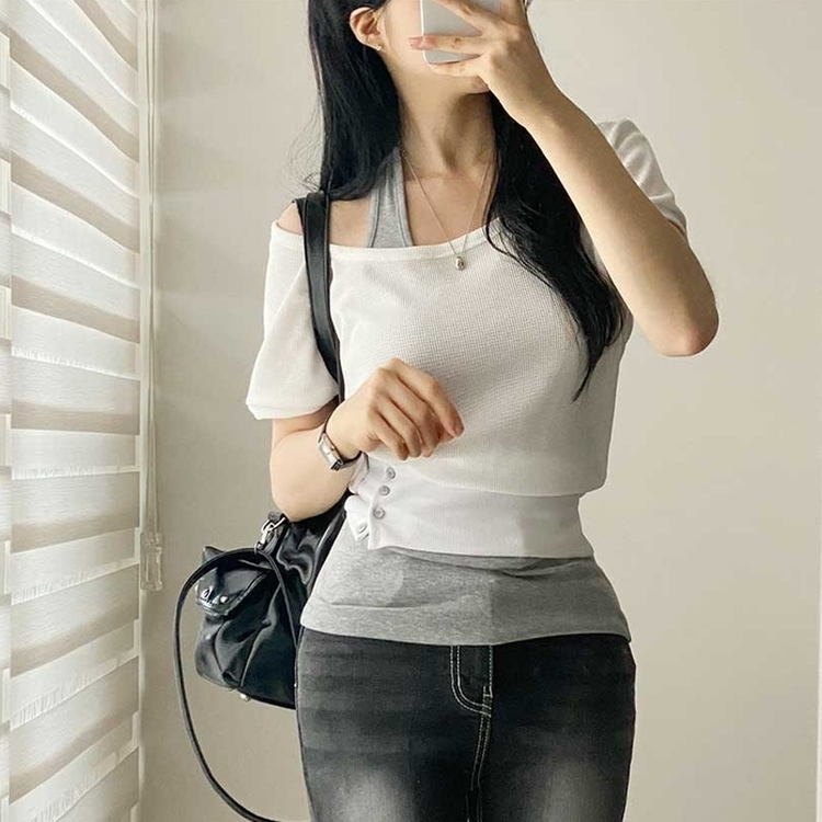 スリムホルターネックオフショル半袖Tシャツ WHITE